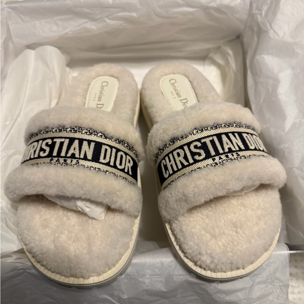 Dior Cream and Black Fuzzy Sandals